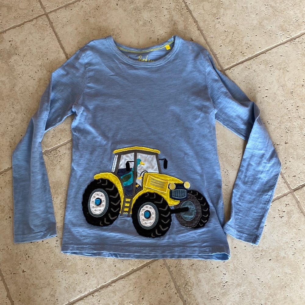 Mini Boden Light Blue Long-Sleeve Tractor Appliqué Tee